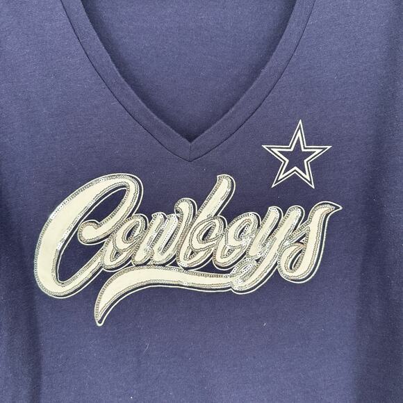 Dallas Cowboy Navy Dallas Cowboys Miko Glitter Trim V-Neck T-Shirt Womens Large - Picture 7 of 7
